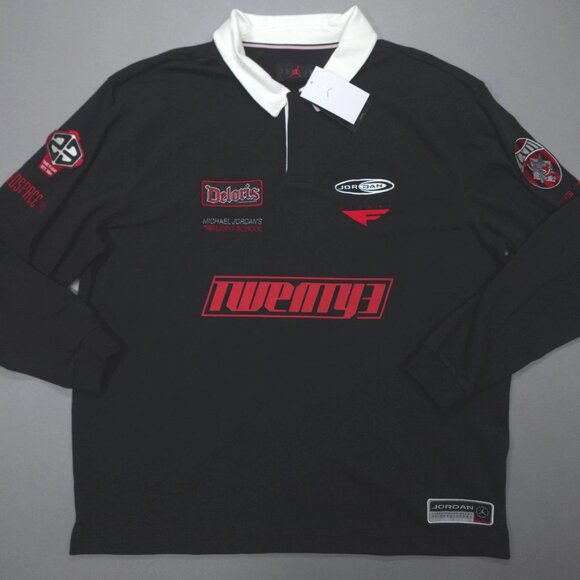 Air Jordan Essentials Long Sleeve Rugby Shirt Black Red BRED HF9323-010 M 1 2 3 - Picture 3 of 14